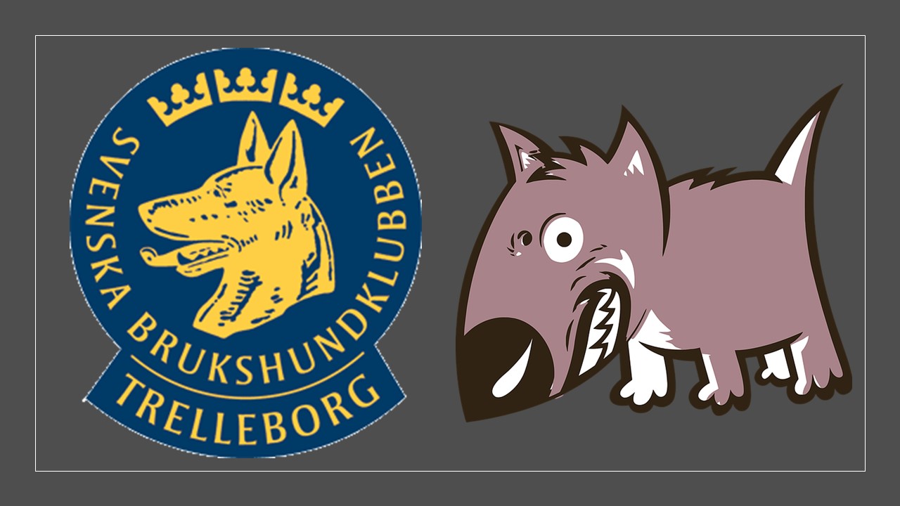 Bild på tecknad ilsken hund tillsammans med Trelleborgs Brukshundklubbs logotyp