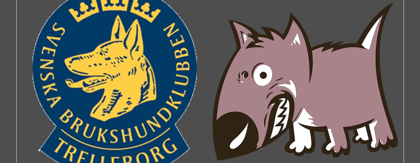 Bild på tecknad ilsken hund tillsammans med Trelleborgs Brukshundklubbs logotyp