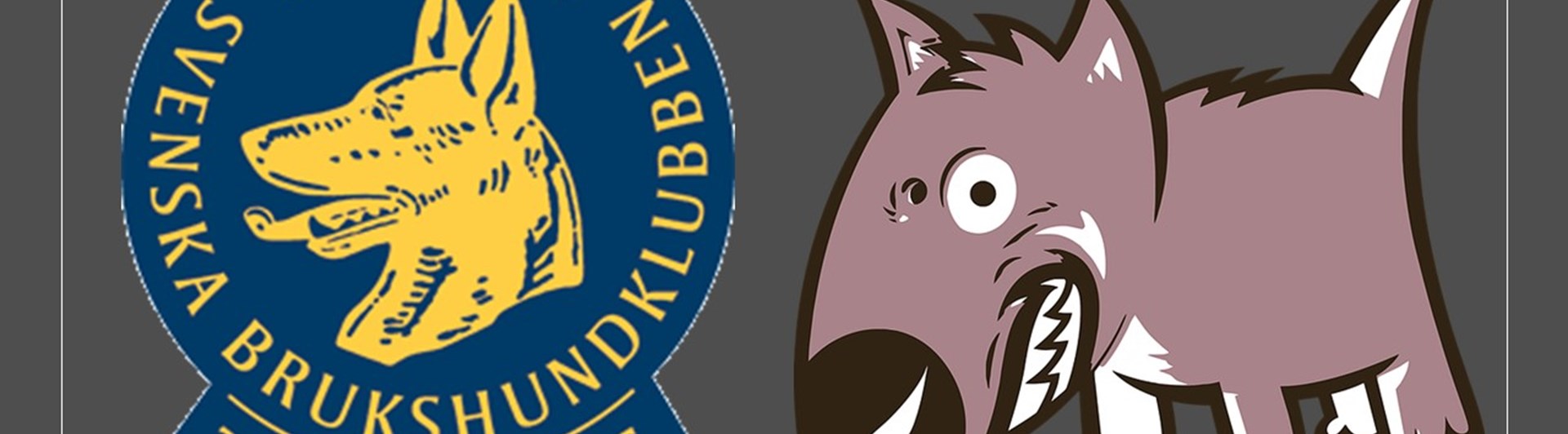 Bild på tecknad ilsken hund tillsammans med Trelleborgs Brukshundklubbs logotyp
