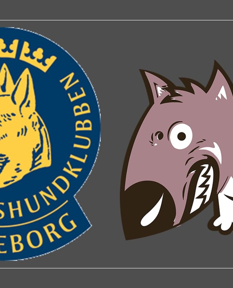 Bild på tecknad ilsken hund tillsammans med Trelleborgs Brukshundklubbs logotyp