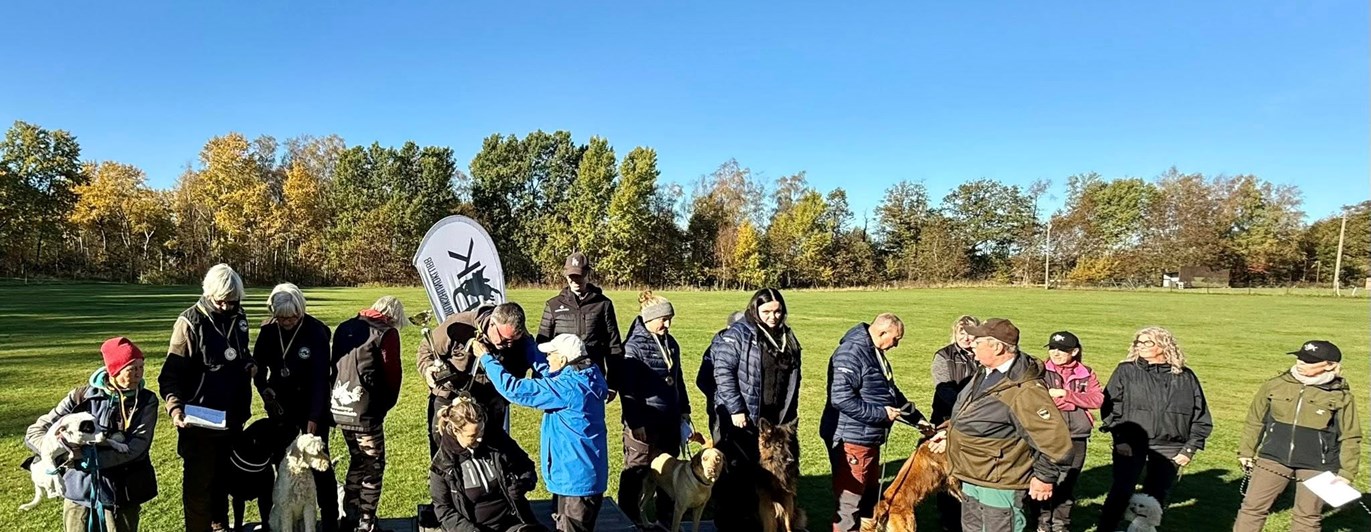 Prispall med lyckliga vinnare med sina hundar