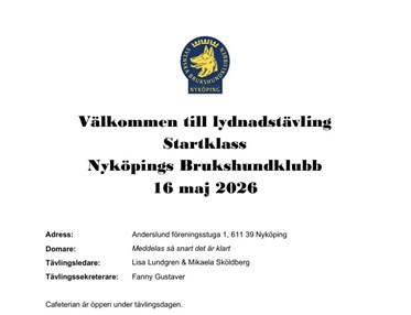 Inbjudan till tävling i lydnad startklass 16 maj 2026