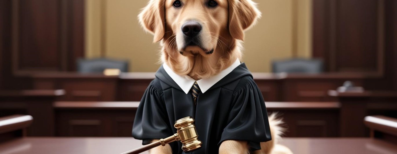 Hund som håller i beslutsklubba