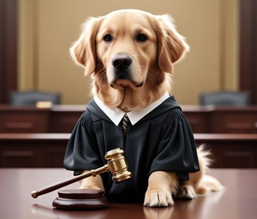 Hund som håller i beslutsklubba