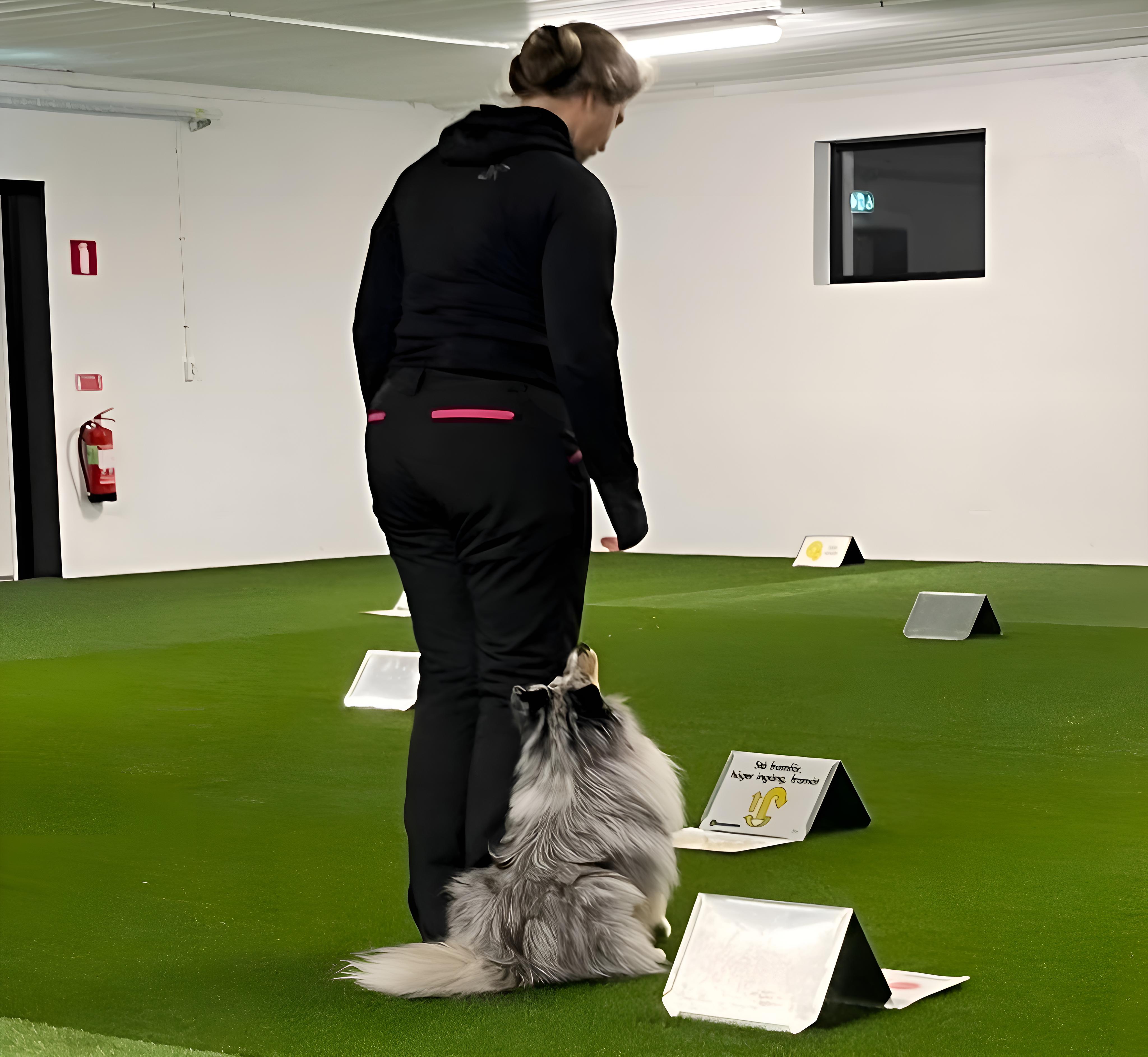 Rallyträning med Shetland sheepdog inomhus i hundhall