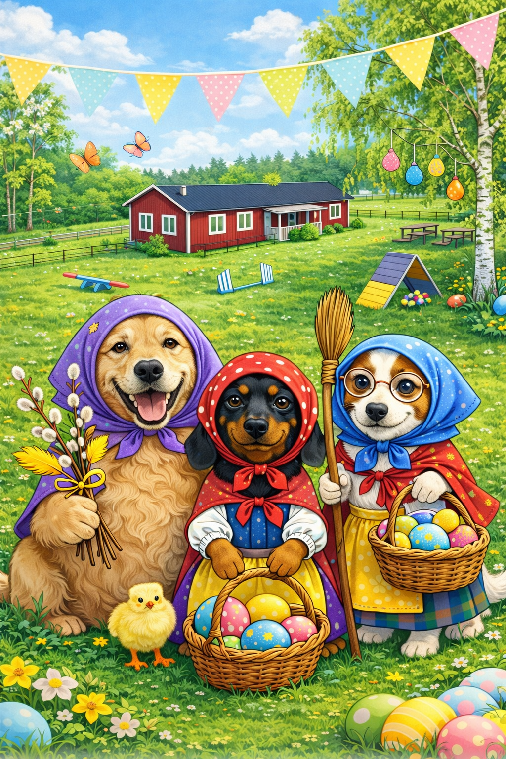 Tecknade hundar klädda som påskkärringar 