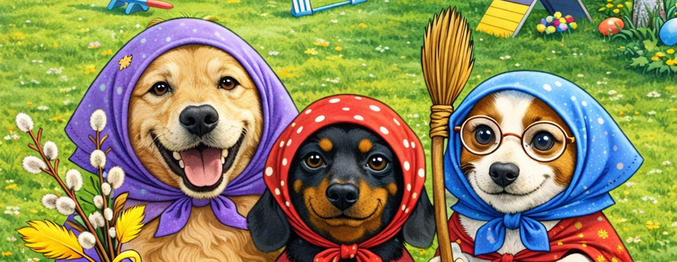 Tecknade hundar klädda som påskkärringar