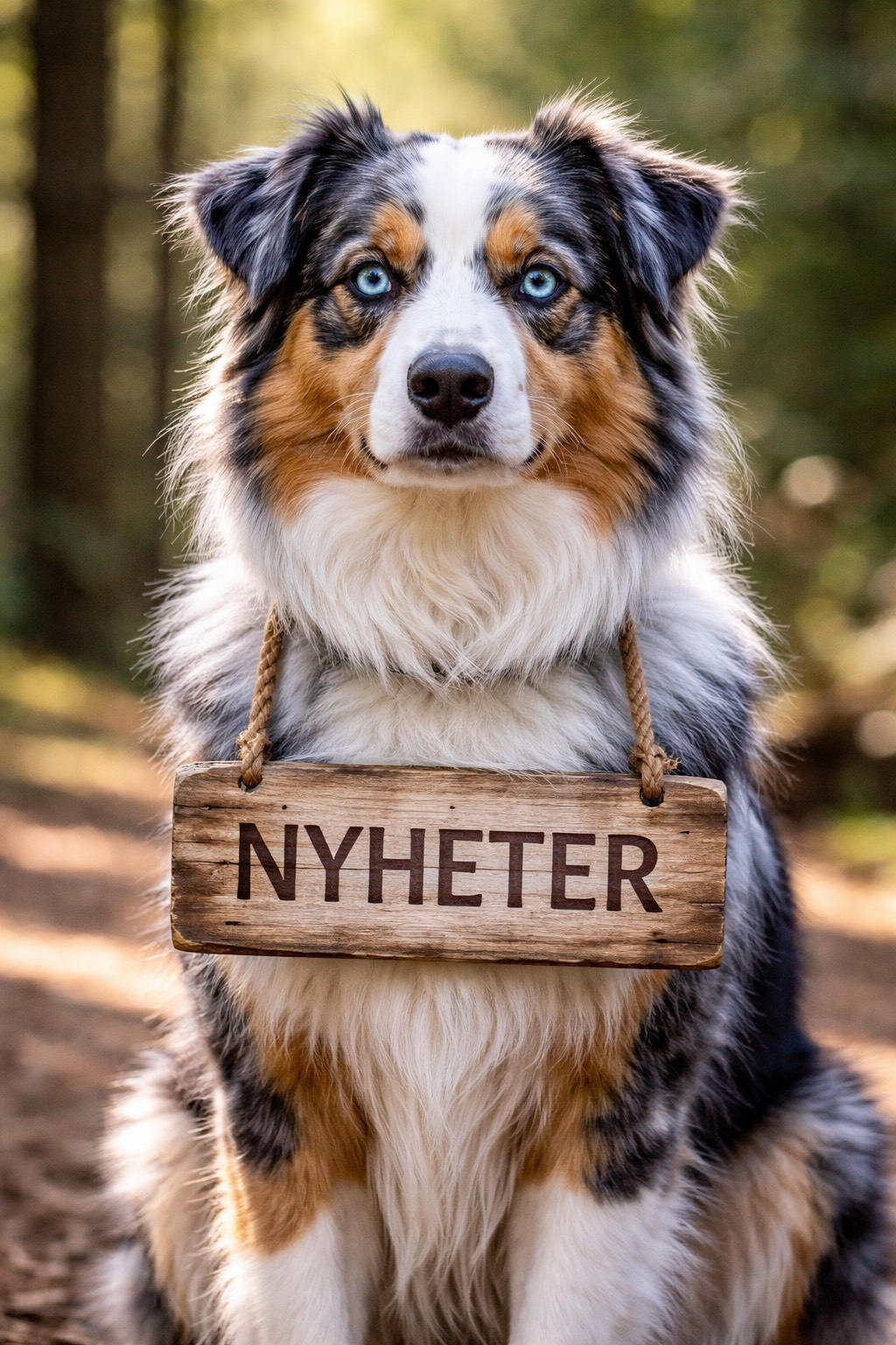 En aussie sitter med en skylt Nyheter runt halsen