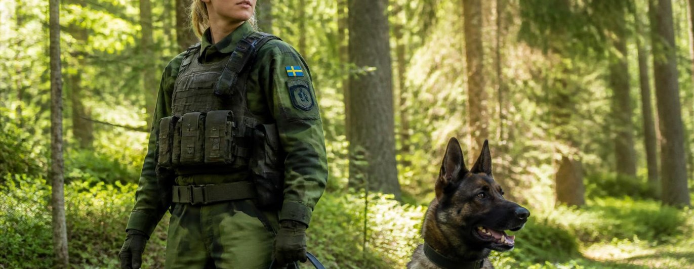 Soldat med sin hund jämte