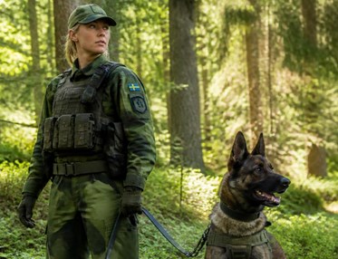 Soldat med sin hund jämte