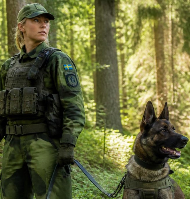 Soldat med sin hund jämte