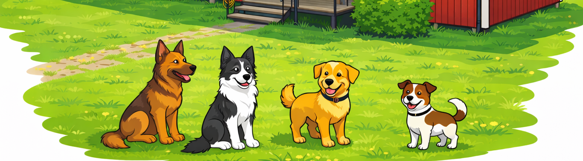 Tecknad bild på klubbstugan med fyra hundar utanför