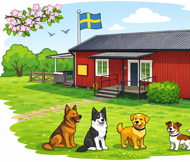 Tecknad bild på klubbstugan med fyra hundar utanför