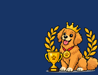 Teckad hund med guldkrona och vinnarbuckla, illustration för "Årets Hund"
