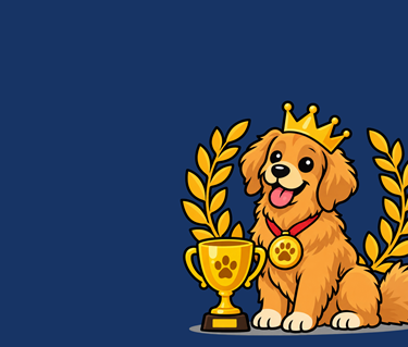 Teckad hund med guldkrona och vinnarbuckla, illustration för "Årets Hund"