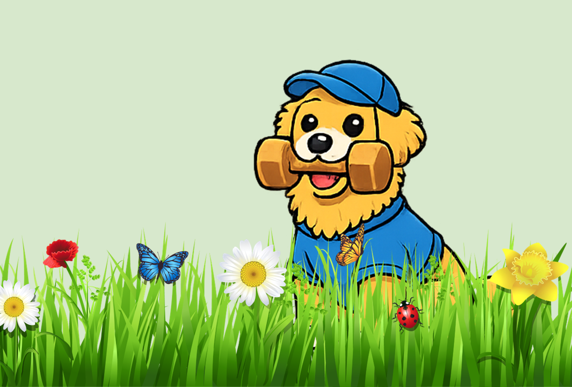 Tecknad bild på en hund med apport i munnen