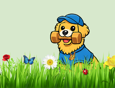 Tecknad bild på en hund med apport i munnen