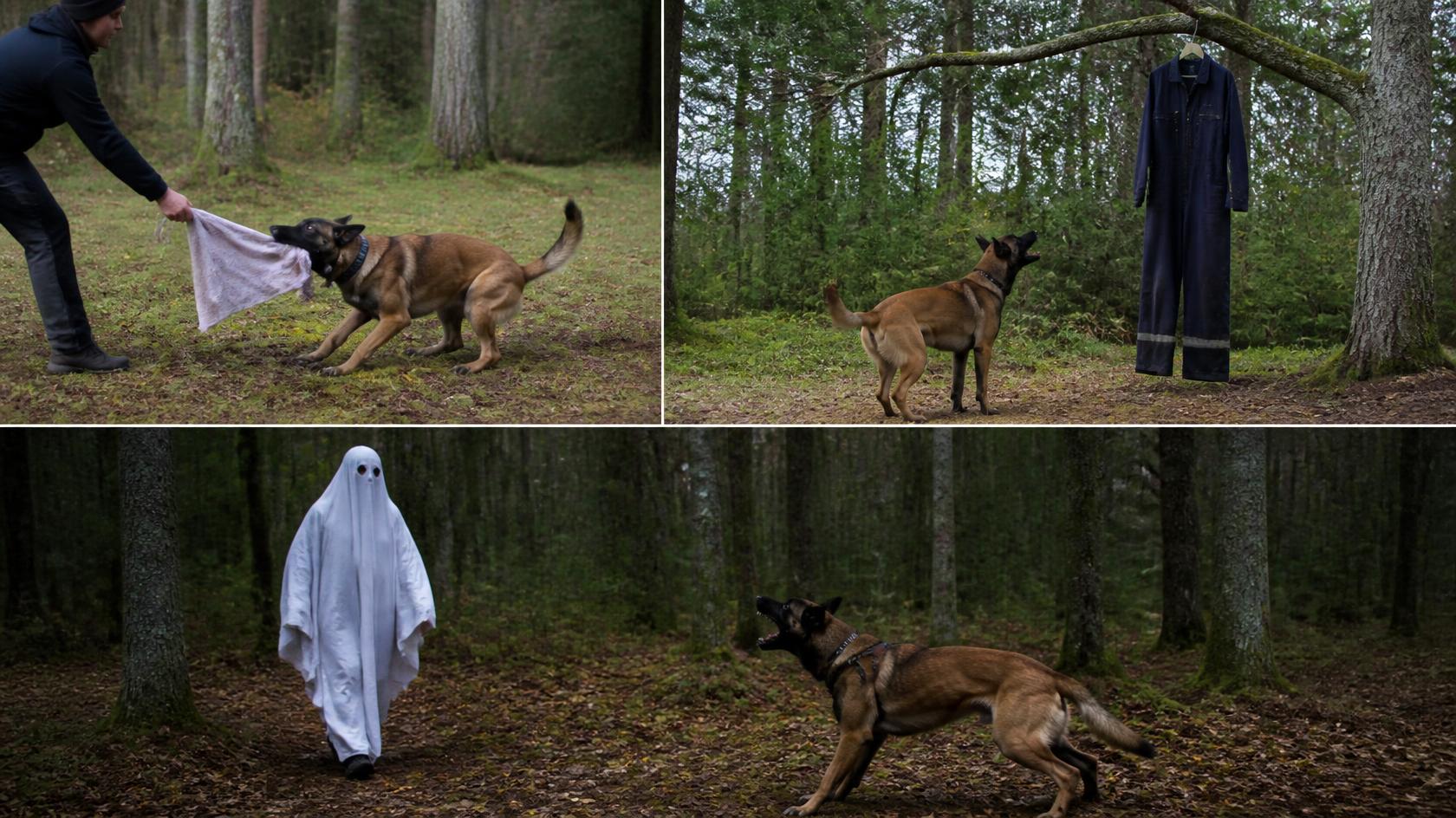 Hund som kampar med en trasa, en hund som går vid overall som hänger från ett träd och en hund som skäller mot person utklädd till spöke som går emot hunden