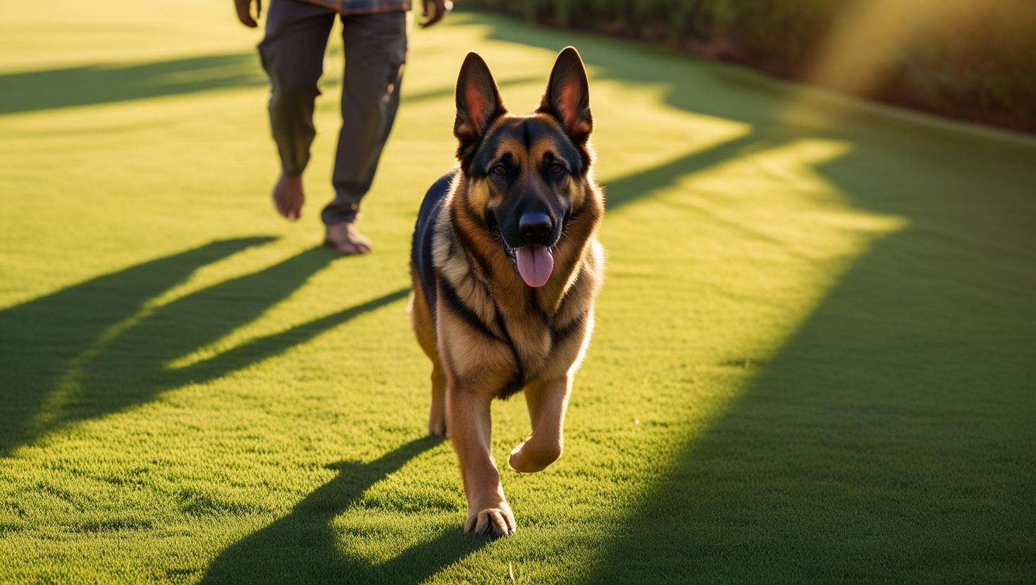 Schäfer som går framför förare