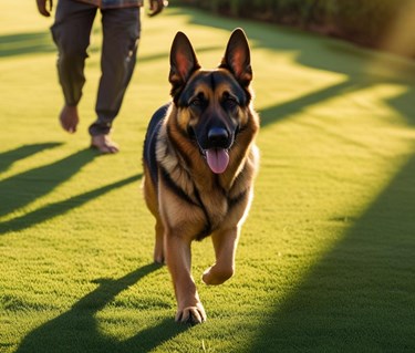 Schäfer som går framför förare